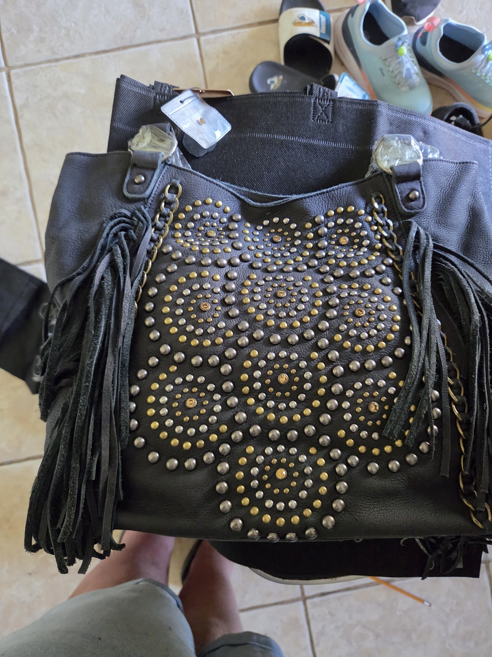 Delila-Montana West Signature Leather CollectioFringed Studded Tote Bag in Black